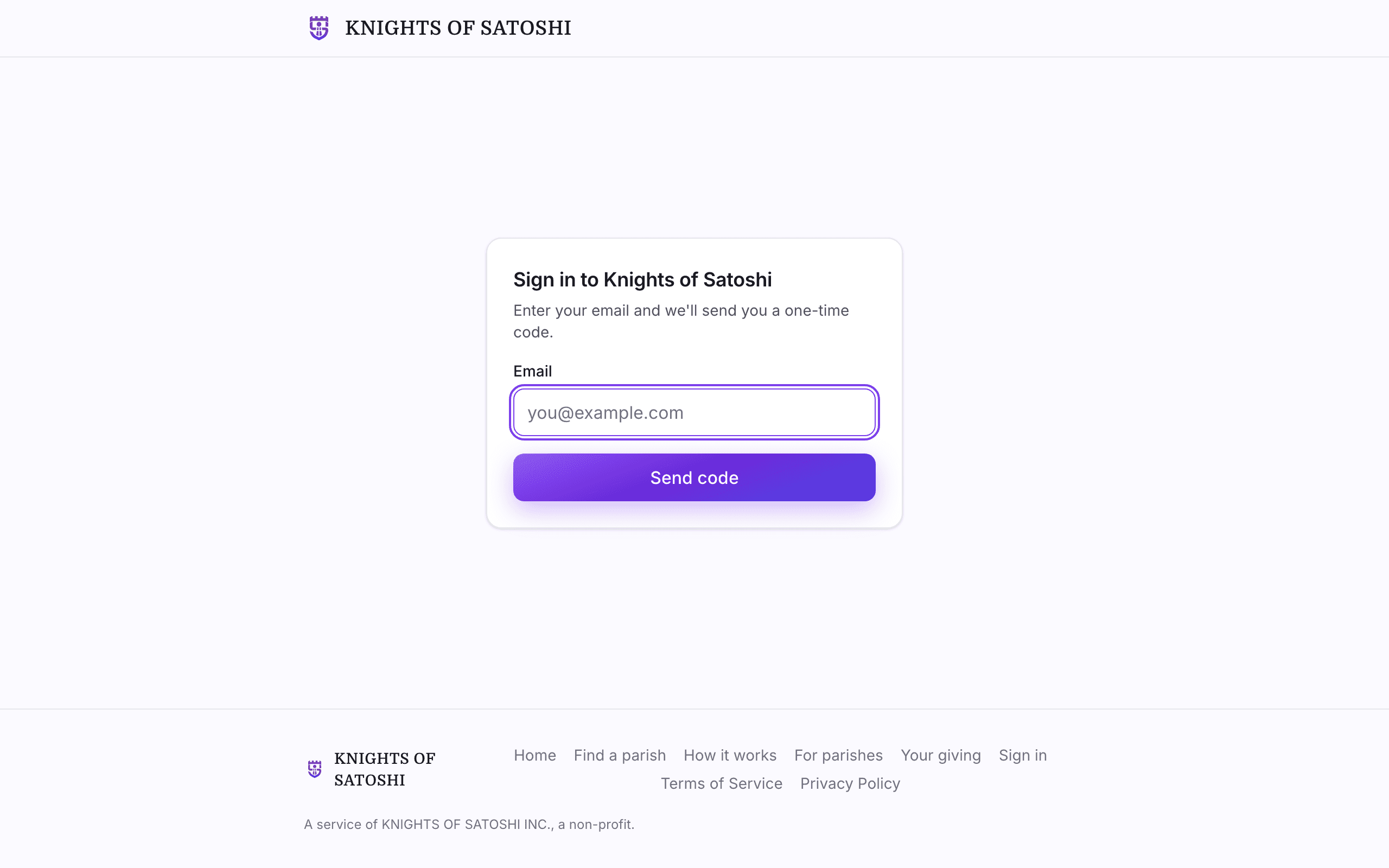 Screenshot of the Knights of Satoshi sign-in screen.