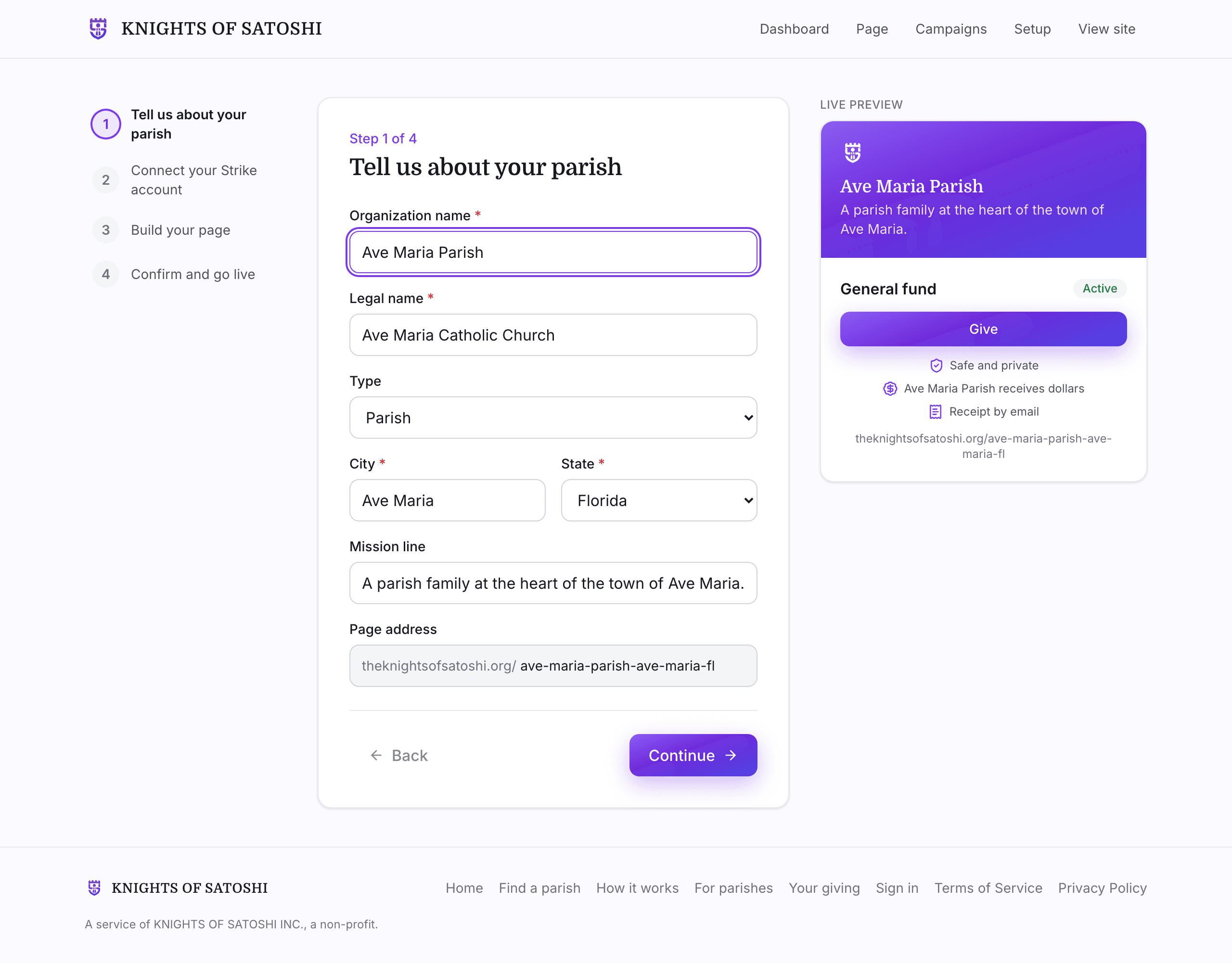 Screenshot of onboarding step 1, the parish details form.