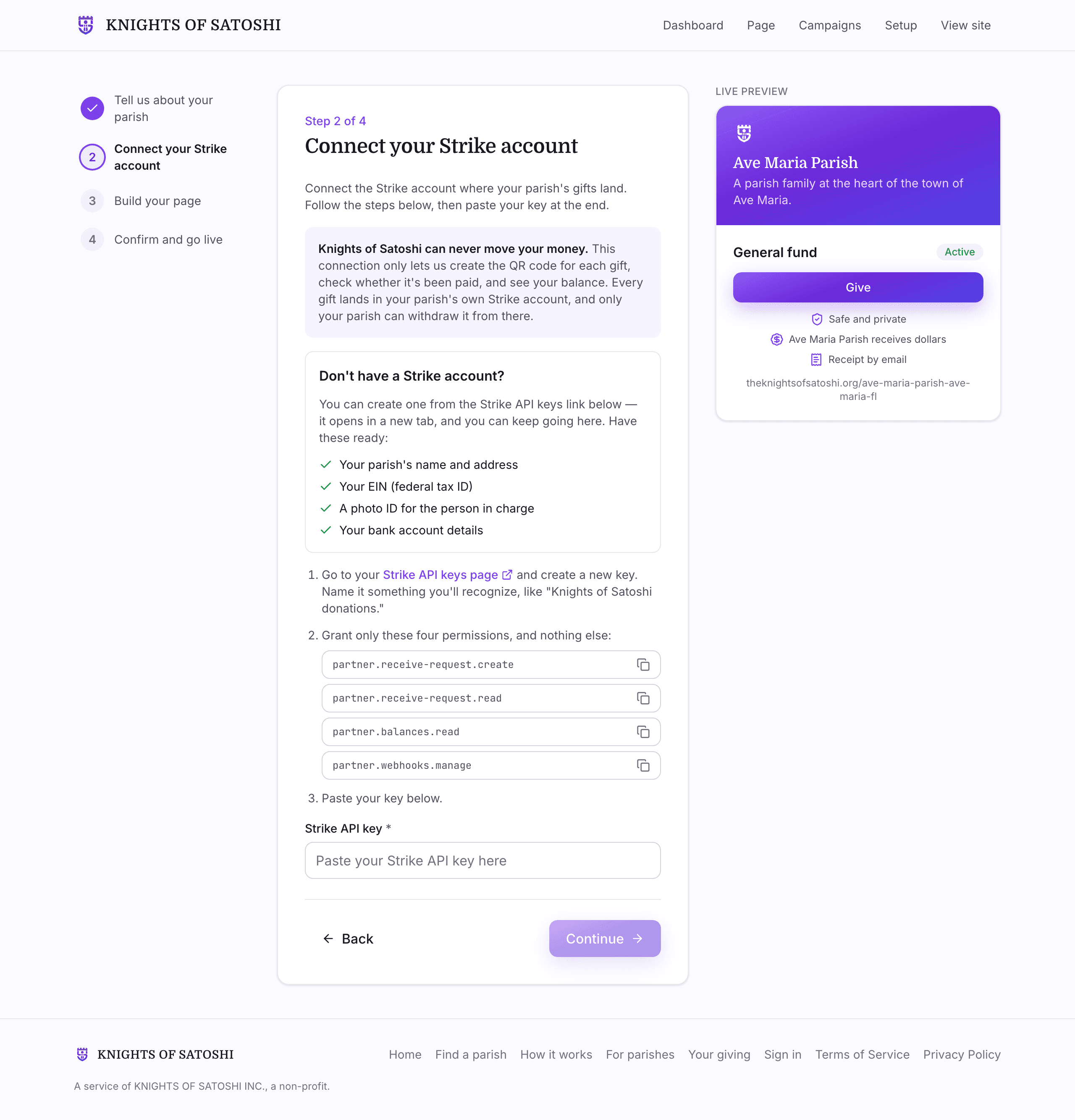 Screenshot of onboarding step 2, where you create a Strike API key and paste it in.