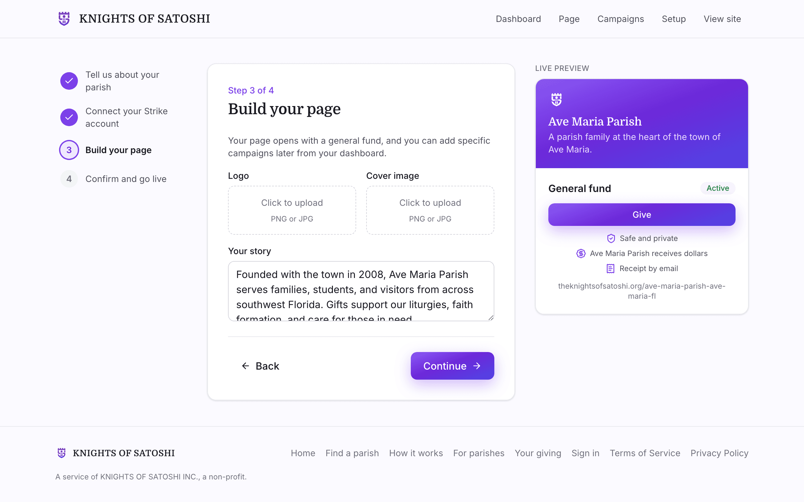 Screenshot of onboarding step 3, the page builder.